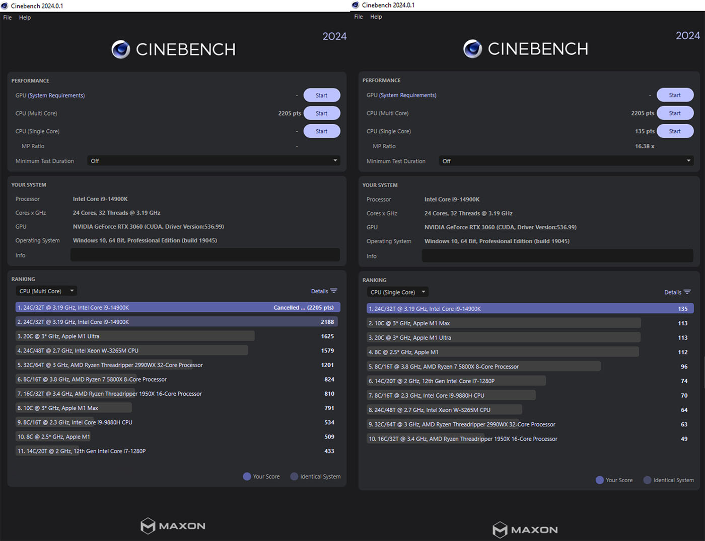 Test hiệu năng của CPU Intel Core i9-14900K trên phần mềm Cinebench 2024