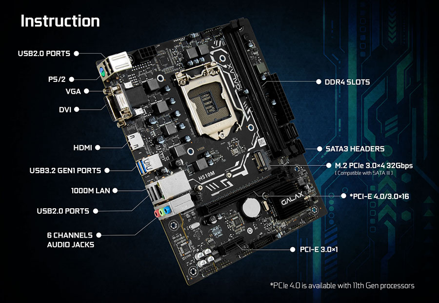 Mainboard GALAX H510M (Intel H510 / Socket 1200 / m-ATX / DDR4 x 2)
